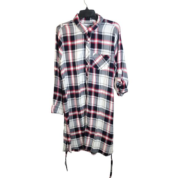 New York & Company Dresses & Skirts - NWT BLL NYC Shirt Dress button‎ down Size Large Red Black Plaid Pocket Roll Tab